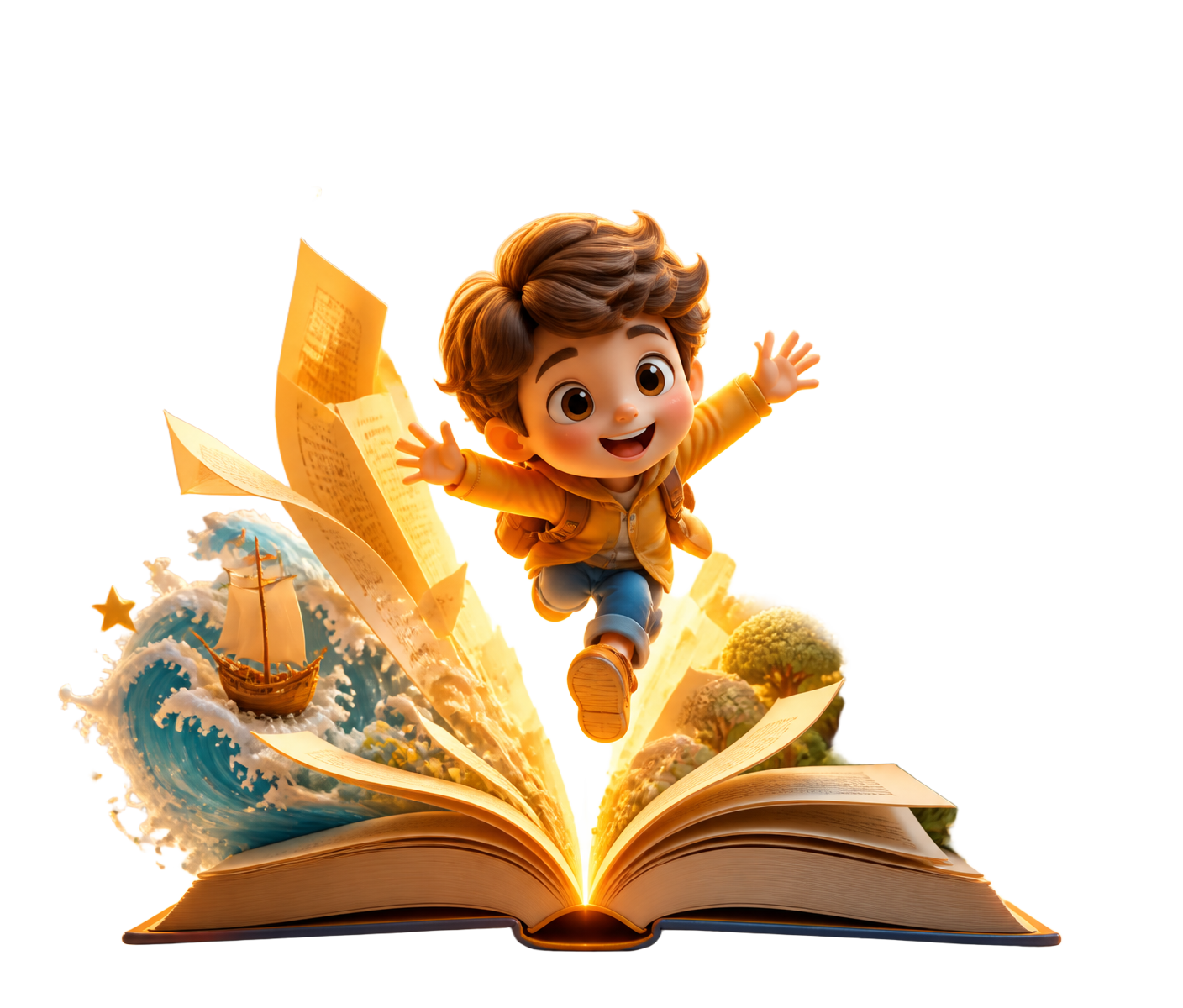 Child leaping into a personalized storybook